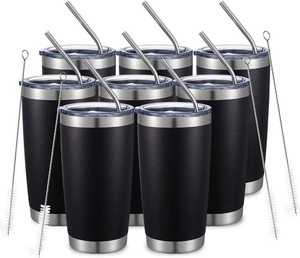 $50 COMOOO 20oz8Pack Black Tumbler Double Wall Vacuum Insulated Coffee Travel Mug Stainless Steel Tumbler with Lid and Straw Coffee Cup for Cold Drinks & Hot Beverage, Home and Outdoor (Black, 8 Pack) (CUPS AND LIDS ONLY)