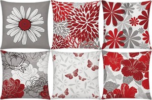 $28 Red Grey Throw Pillow Covers 20x20 Set of 6, Dasiy Floral Home Decor