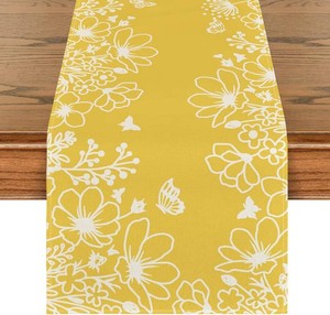Artoid Mode Yellow Bloom Flowers Butterfly Spring Table Runner, Seasonal Holiday Kitchen Dining Table Decoration for Home Party Indoor 13x36 Inch