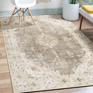 $44 MUJOO Beige Rug 3x5 Washable,Boho Area Rugs Small Non Slip Low-Pile Floral