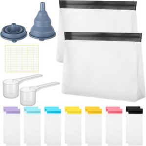 21 Pcs Protein Powder Travel Container Set Reusable Protein Powder Supplement Packets Container to Go Portable Zip up Bags Organizer with Funnels, Spoons and Labels