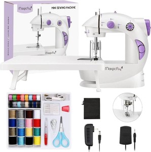 $38 Magicfly Mini Sewing Machine with Extension Table, Dual Speed Portable Sewing Machine for Beginners with Light, Sewing Kit for Household Use, White