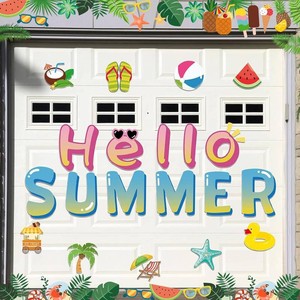 Ferraycle 20 Pcs Summer Garage Door Magnets Large Hello Summer Garage Door Decorations Holiday Magnetic Stickers Beach Magnets Watermelon Palm Tree Magnetic Decorations for Car Cruise Refrigerator