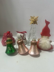 2 Crocheted Bell Ornaments, 3 Glass Bell Ornaments, Wooden Santa and Christmas Tree Perfume Bottle
