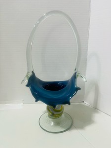 Vintage Hand Blown Art Glass Footed Basket