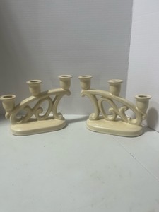 Pair of Weller Pottery Candle Holders Couple Chips