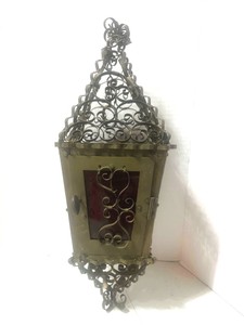Vintage Wrought Iron Spanish Gothic Lantern Red and Orange Glass Inserts