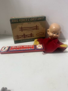 Vintage Disney Hand Puppet, Robin Hood Water Color Paints Tin and Box of Rail Fence and Gate Toys