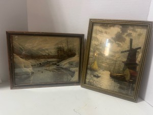 Two Vintage Framed Prints Snowy River and Holland Windmill