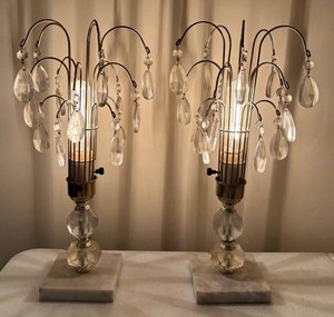 LR - Boudoir Table Lamps - Vintage Hollywood Regency Crystal Pair