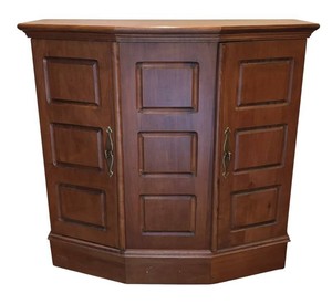 LR - Vintage Cherry Wood Faceted Corner Console Bar Cabinet
