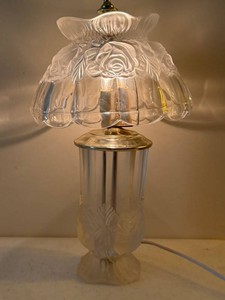 LR - Vintage Glass Table Lamp with Floral Pressed-Glass Shade