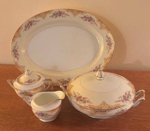 HC - Vintage Noritake Floral Gilt Platter, Casserole Dish, Creamer Pitcher and Sugar Dish