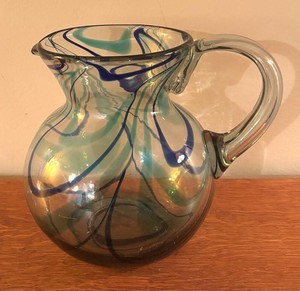 LR - Hand Blown Blue & Aqua Swirl Art Glass Pitcher