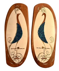 LR - Vintage Mid Century Wooden Peacock Wall Hangings - Bilart Inc. Pair