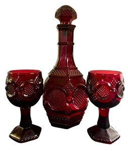 LR - Vintage Ruby Glass Decanter & Goblets - Avon 1876 Cape Cod (Lot of 3)