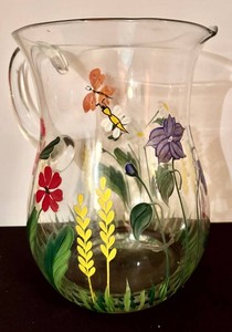 LR - Hand-Painted Glass Pitcher With Flowers & Butterflies - 8 in H