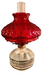 LR - Vintage Oil Lamp - Ruby Red Diamond-Quilted Hobnail Parlor Table Lamp