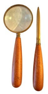 LR - Vintage Magnifying Glass & Letter Opener Set - Wooden Handle