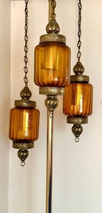 LR - Vintage Mid-Century Tension Pole Lamp - 3 Amber Glass Globes