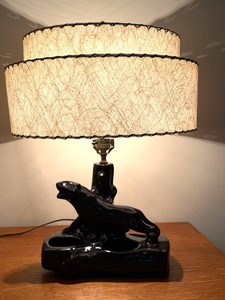 LR - Vintage 1950s Mid-Century Modern Ceramic Black Panther TV Table Lamp with Tiered Fiberglass Shade