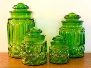 LR -Vintage L.E. Smith Emerald Green Glass Moon and Stars Canister Set - 4 Pieces with Lids