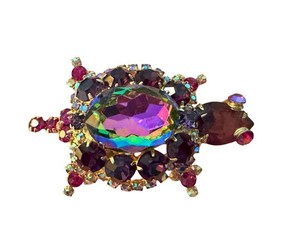 Turtle Brooch - Iridescent Rhinestone Figural Costume Jewelry