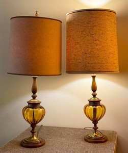 Table Lamps - Amber Glass & Wood Matching Pair