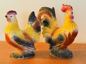 DR - Ceramic Rooster & Hen Figurines Pair - Colorful Glazed Chicken Decor
