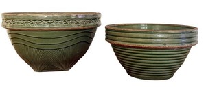LR - Vintage Mixing Bowls - Green Glazed Stoneware, 9.5in & 8.25in (Lot of 2)