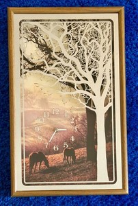 Vintage Framed Wall Clock - Scenic Horses & Tree Landscape