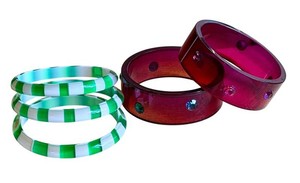 Vintage Bracelets - Green Striped & Red Jeweled Bangles (Lot of 5)