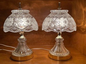 DR - Crystal Table Lamps - Matching Floral-Etched Glass Pair