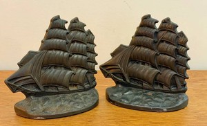 LR - Vintage Cast Iron Sailing Ship Bookends - FLYING CLOUD