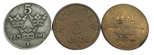 Vintage Scandinavian Coins - Swedish & Norwegian 5 Ore (Lot of 3)