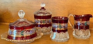 Antique 5-Piece EAPG  Bohemian Ruby Flash Tableware Set - Hand-Painted Gold Gilt & Floral Enamel