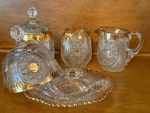 Vintage EAPG Pressed Glass 5-Piece Starburst & Fan Serving Set