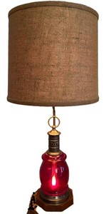 DR - Vintage Table Lamp - Red Glass, Brass-Style Base & Burlap Shade