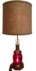 DR - Vintage Table Lamp - Red Glass Urn-Style Electric Lamp With Burlap Shade