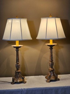 Tuscan Style Carved Wood Candlestick Table Lamp Pair