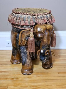 Carved Wood Elephant Side Table with Tassel Trim