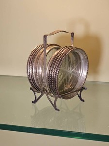 Sterling Silver Rimmed Glass Coaster Set with Caddy