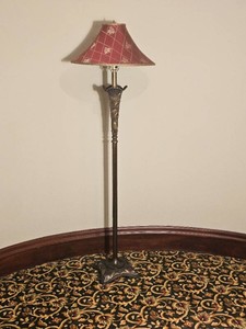 Beautiful Art Nouveau Trumpeted Brass Floor Lamp with Elephant Adorned Burgundy Shade