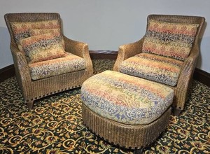 Lane Furniture Rattan Wicker Shell Armchairs and Ottoman