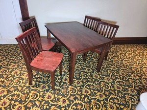 Mahogany Tone Children�s Crafting Table with Four Slotted Chairs