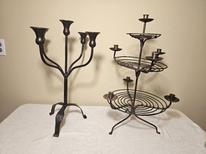 Primitive Iron Candelabra Married Pair