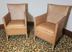 Herringbone Weave Rattan Pair of Tropical Armchairs
