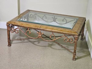 Primitive Contemporary Coffee Table with Scrolled Iron Frame and Glass Insert