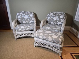 White Wicker Lounge Chairs and Ottoman