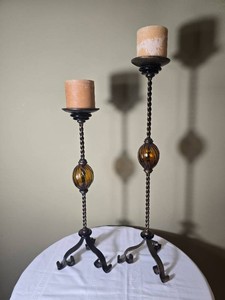 Pair of Twisted Metal and Amber Glass Pillar Candleholders